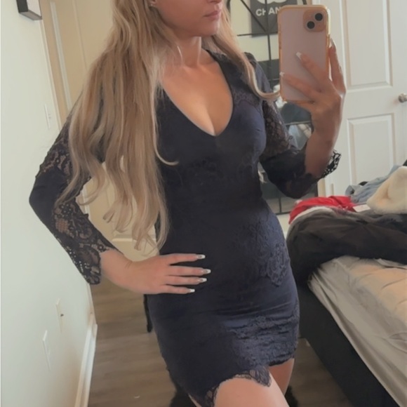 Hello Molly Navy Blue Open Back Lace Long Sleeve Mini Dress - Picture 5 of 5